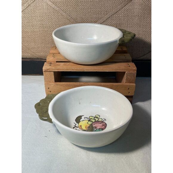 Vintage Pair of Individual Open Soup Bowls Servers Provincial Fruit Green by MET - Picture 3 of 5